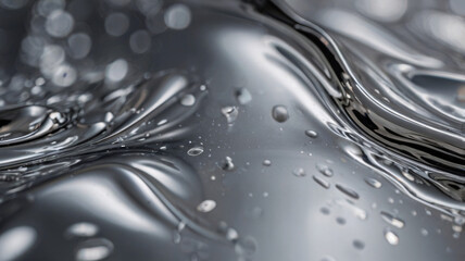 Abstract Close-Up of Silver Liquid Metal with Droplets and Reflections