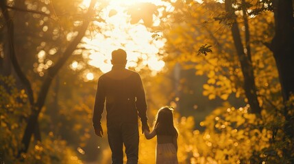 Father and daughter holding hands against a backdrop of golden sunlight filtering through trees in a serene natural setting