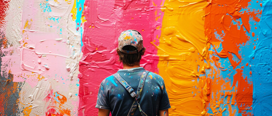 Obraz premium Artist working on a colorful abstract painting, wearing a paint-splattered cap. Vibrant creativity and artistic expression.