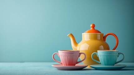 Fototapeta premium Colorful teapot with matching cups on a vibrant turquoise background in a minimalist style