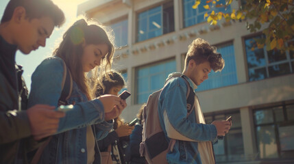 Young people using smart mobile phone device outside - Teenagers addicted to social media - College students watching smartphone in university campus - Modern technology concept