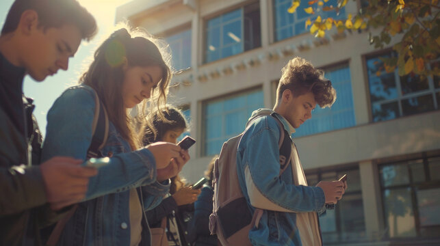 Young people using smart mobile phone device outside - Teenagers addicted to social media - College students watching smartphone in university campus - Modern technology concept