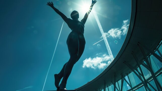 Silhouetted female winner figure jump against vibrant blue sky with sun. Freedom, inspirational, achievement, ambition concept. Girl athlete sculpture in sports arena, stadium. Sportswoman statuary.