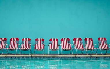 A row of American flag beach chairs are lined up in a pool