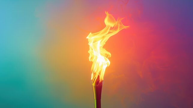 Vibrant torch flame burns against gradient rainbow background. Summer Olympic game fire symbol concept. Vivid colors. Inspiration, hope, and passion. Emblem of sport competition.