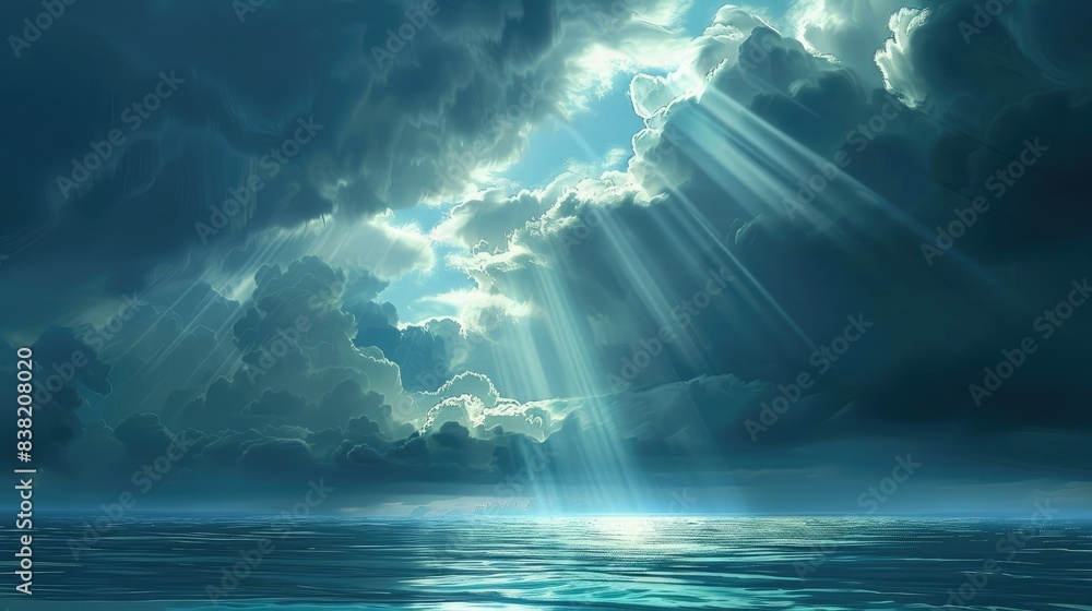 Poster god rays shining through gaps in dark clouds, illuminating a peaceful sea below, creating a tranquil