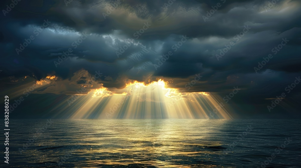 Poster god rays shining through gaps in dark clouds, illuminating a peaceful sea below, creating a tranquil