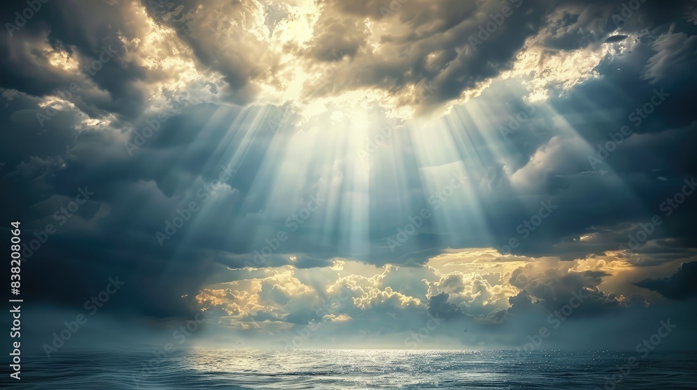 Poster god rays shining through gaps in dark clouds, illuminating a peaceful sea below, creating a tranquil