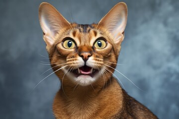 Obraz premium Portrait of a smiling havana brown cat on minimalist or empty room background