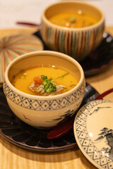 Japanese chawanmushi topped with cod pieces, photographed in Fukuoka, Japan