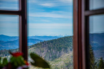 Tatra mountains view form window shelter on Stożek Wielki 