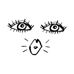 Cute abstract face, kiss, vector illustration, naive line art, doodles