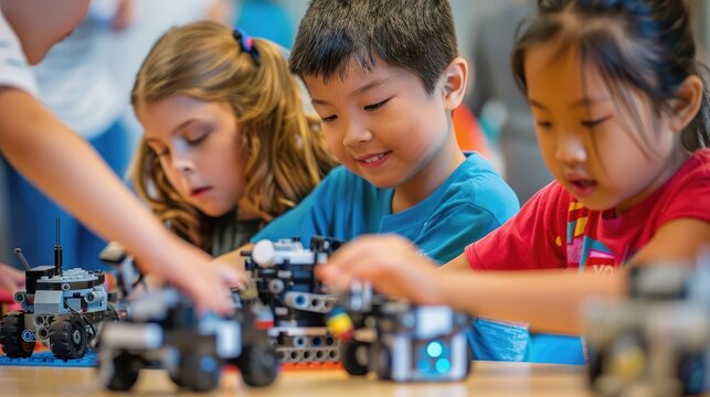 Group of children building and programming robots using Mindstorms kits, highlighting STEM education in early childhood