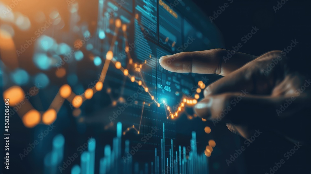 Aufkleber hand of a data analyst pointing at a digital chart arrow showing upward trends, highlighting positiv