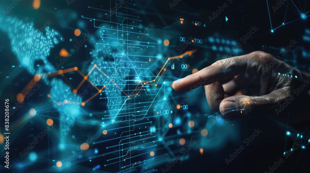 Poster hand of a data analyst pointing at a digital chart arrow showing upward trends, highlighting positiv