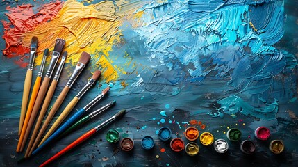 An artistic setup with sketch pads, crayons, markers, and paint brushes scattered on a desk, colorful paint splashes in the background, ample copy space at the top for creative class information .
