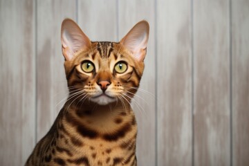 Portrait of a smiling ocicat cat in front of minimalist or empty room background
