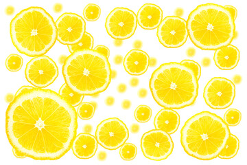 Chaotically flying lemon slices isolated on a transparent background.
