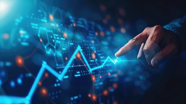 Hand of a technology expert pointing at a digital chart arrow moving upwards, reflecting innovation and advancement in the digital realm,