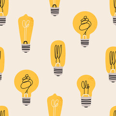 Various Light bulbs. Cartoon flat style. Idea, creativity, innovation, inspiration, invention concept. Hand drawn modern Vector illustration. Square seamless Pattern, background, wallpaper