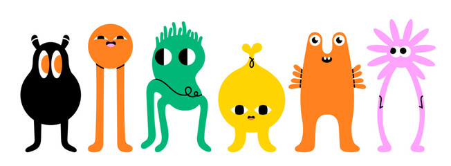 Abstract little Monsters or fantastic animals. Various quirky funny creatures. Cartoon childish style. Cute characters. Colorful hand drawn Vector illustration. Isolated design elements