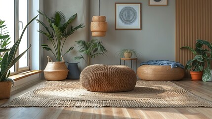 A modern pouf or floor cushion, adding a casual and comfortable seating option that complements the living room decor. shiny, Minimal and Simple,