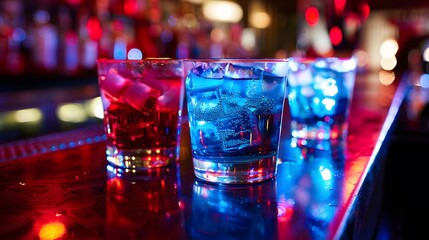 Patriotic cocktail bar with themed drinks like red, white, and blue cocktails, signature drinks, mixology, party atmosphere