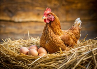 of a hen with eggs on nest made of hay isolated on background, hen, eggs, nest, hay, isolated, background, clip art, generated, stock photo, livestock, poultry, farm, agriculture, nature