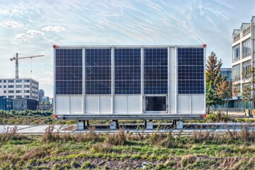 Solar-powered shipping container home in grassy area with construction cranes and buildings in background.