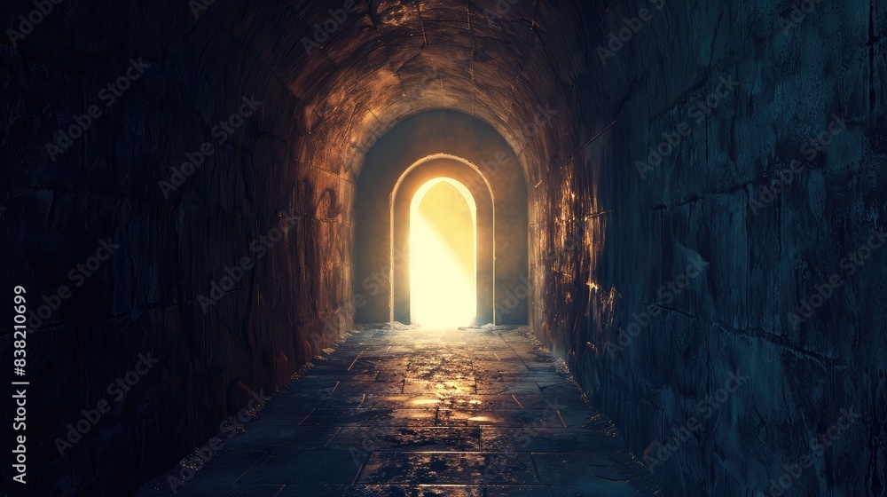 Poster abstract image of a dark tunnel with a glowing open door at the end, representing the journey from d