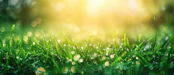 Obraz premium Grass in a Meadow A wideangle shot of a grassy meadow with raindrops glistening in the sunlight