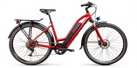 Red modern mid drive motor city touring or trekking e bike pedelec with electric engine middle mount on white background, e-bike, pedelec, electric, motor, red, modern, city, touring