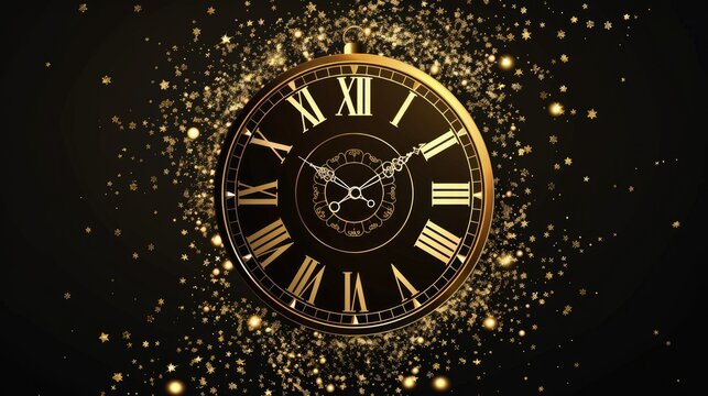 Gold Happy New Year 2025 logo with clock face and burst glitter sparkles on black background. AI generated