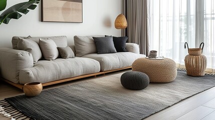 A contemporary area rug with a subtle ombre effect, anchoring the seating area and adding visual depth to the floor. shiny, Minimal and Simple,