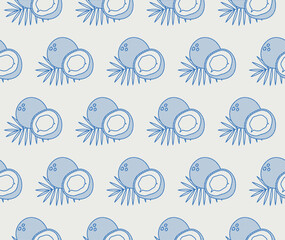 Seamless pattern of coconut fruits with coconut leaves. Line art, retro. Plants and herbs for cosmetics.	