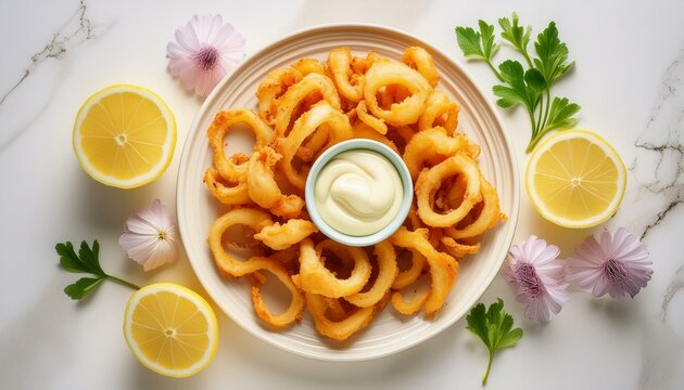 Assiette de calamars &agrave; la romaine avec citrons et petit pot d&rsquo;a&iuml;oli