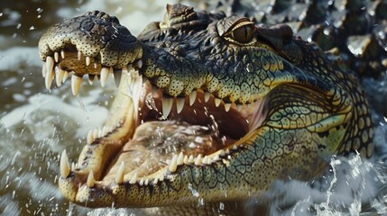 Obraz premium crocodile with water splashing on its face and its mouth open generative ai