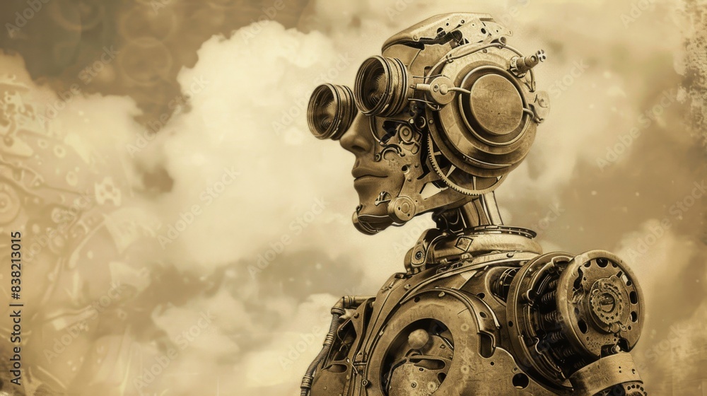 Poster a robot with goggles and a helmet stands in front of a cloudy sky