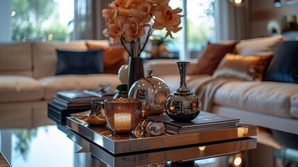 A chic, contemporary coffee table book with a stylish cover, placed prominently on the coffee table as a decorative element. shiny, Minimal and Simple,