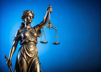 Lady Justice statue against a blue background, law, justice, legal system, scales of justice, blind justice, courthouse, statue, symbol, equality, fairness, courtroom, judge, balance