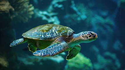 Fototapeta premium Green turtle going up for air AI generated