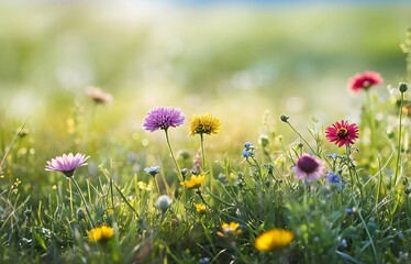 Fototapeta premium background image of a beautiful spring blooming flower field with a variety of striking colors, with a blurred background.