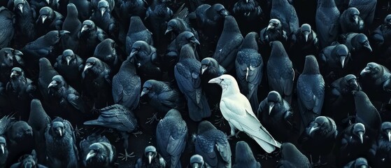 Obraz premium A striking image of a unique white crow standing out in a large crowd of black crows, symbolizing individuality and uniqueness.