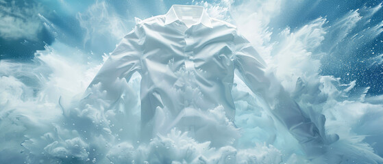 Obraz premium Crisp white shirt emerging from a cloud of soap bubbles, depicting freshness and cleanliness against a blue background.