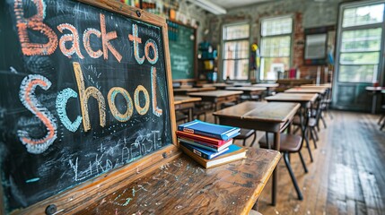 Obraz premium Classic school classroom featuring wooden desks, a big chalkboard at the front with 