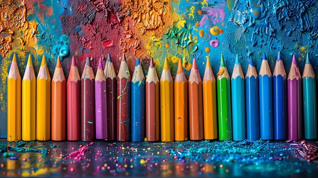 Colorful art supplies like crayons, markers, and paint brushes spread out on a desk, with vibrant paint splashes in the background, clear copy space at the bottom for text about school arts programs