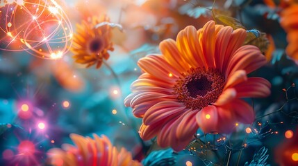 Fototapeta premium A vivid image blending vibrant flowers with a swirling cloud of protons and electrons, creating a harmony between the beauty of nature and the dynamic energy of atomic particles. shiny, Minimal and