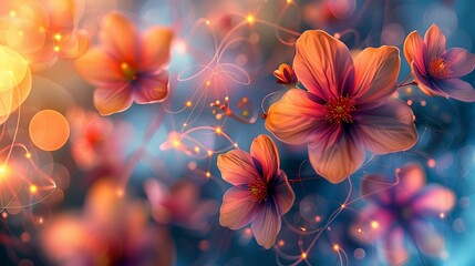 A vivid image blending vibrant flowers with a swirling cloud of protons and electrons, creating a harmony between the beauty of nature and the dynamic energy of atomic particles. shiny, Minimal and