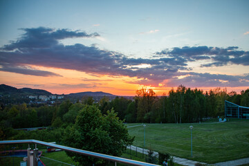 Sunset in the Beskids seen from the terrace of the Diament Hotel in Ustroń, Beskidy