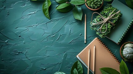 Green-themed educational setup with recycled notebooks, wooden pencils, and a potted plant on a desk, ample copy space at the bottom with a green border, highlighting eco-friendly school initiatives
